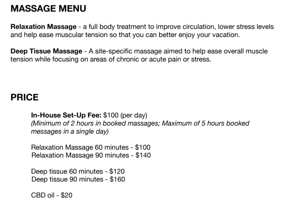 massage menu